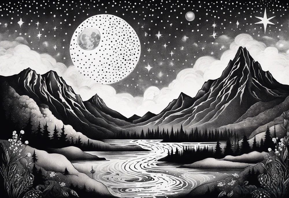 nature with mountains, waterfall, water, and a cross in the background and and moon/sun in the sky with stars tattoo idea