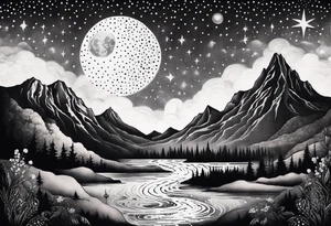 nature with mountains, waterfall, water, and a cross in the background and and moon/sun in the sky with stars tattoo idea