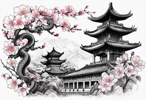 Cherry blossom, china building and lotus flower and dragon tattoo idea