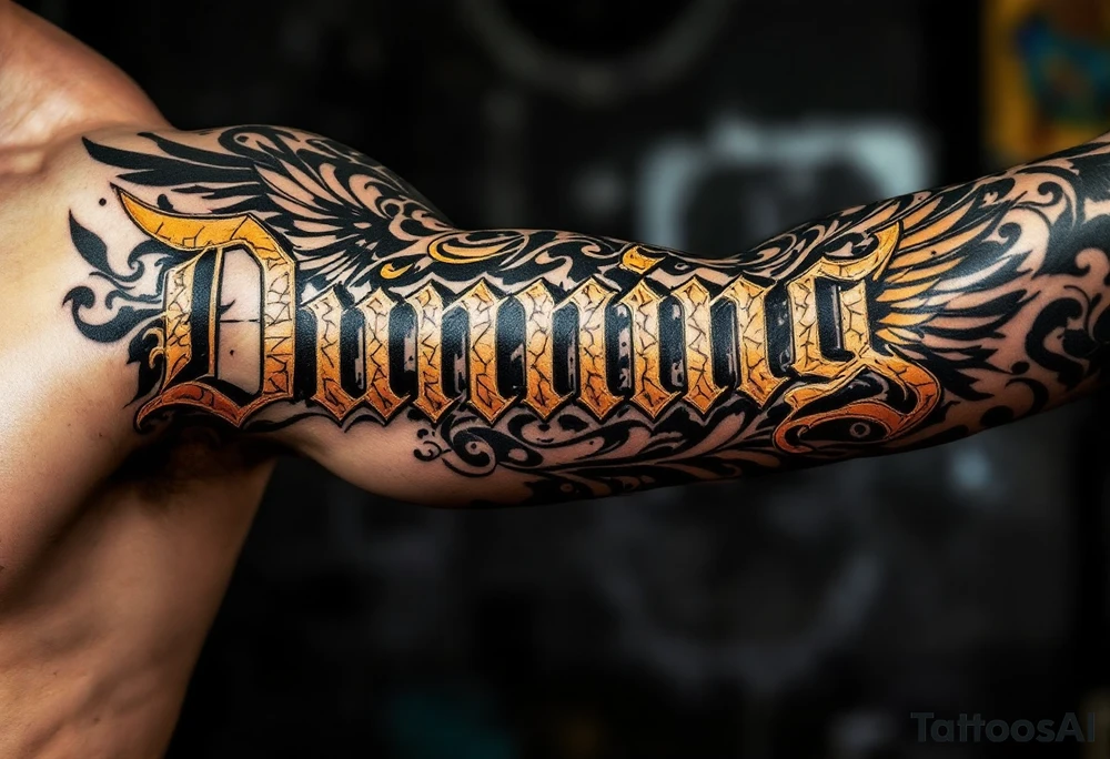 Dunning, details include bold strong font, gold highlights, theme of wealth and angel wings, taino native tattoo idea