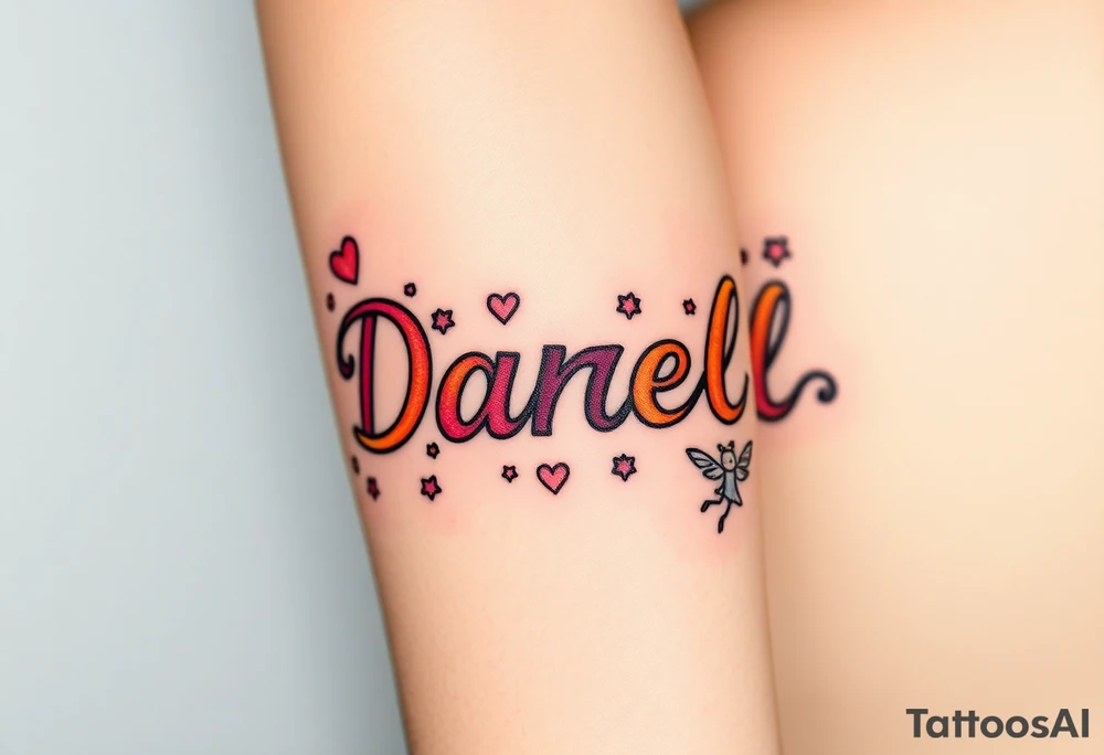 "Darrell" in 1 in cute font, inner forearm from elbow to wrist, whimsical, bright neon colors, surrounded with hearts, flowers and fairies tattoo idea