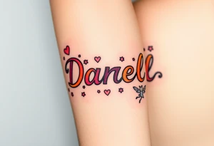 "Darrell" in 1 in cute font, inner forearm from elbow to wrist, whimsical, bright neon colors, surrounded with hearts, flowers and fairies tattoo idea
