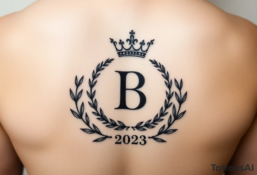 I would like to have an example for a tattoo. In which the initial B is central with a laurel wreath from bottom to top and a crown on top. Furthermore, please include a birth year 2023 or his birth date in Roman. tattoo idea