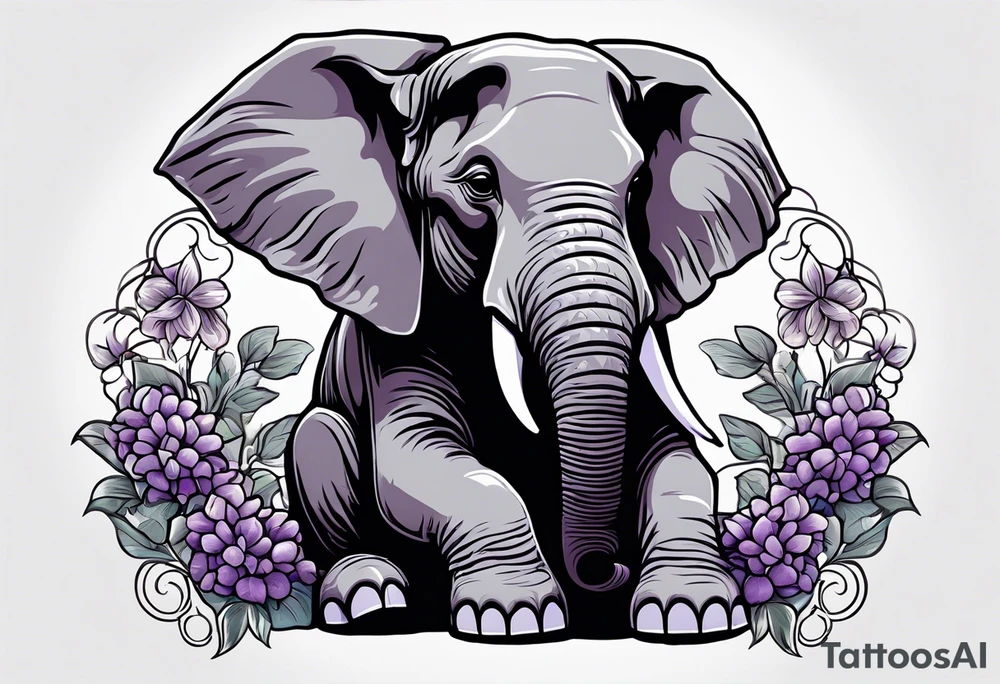 Seated elephant with raised trunk holding lilacs tattoo idea