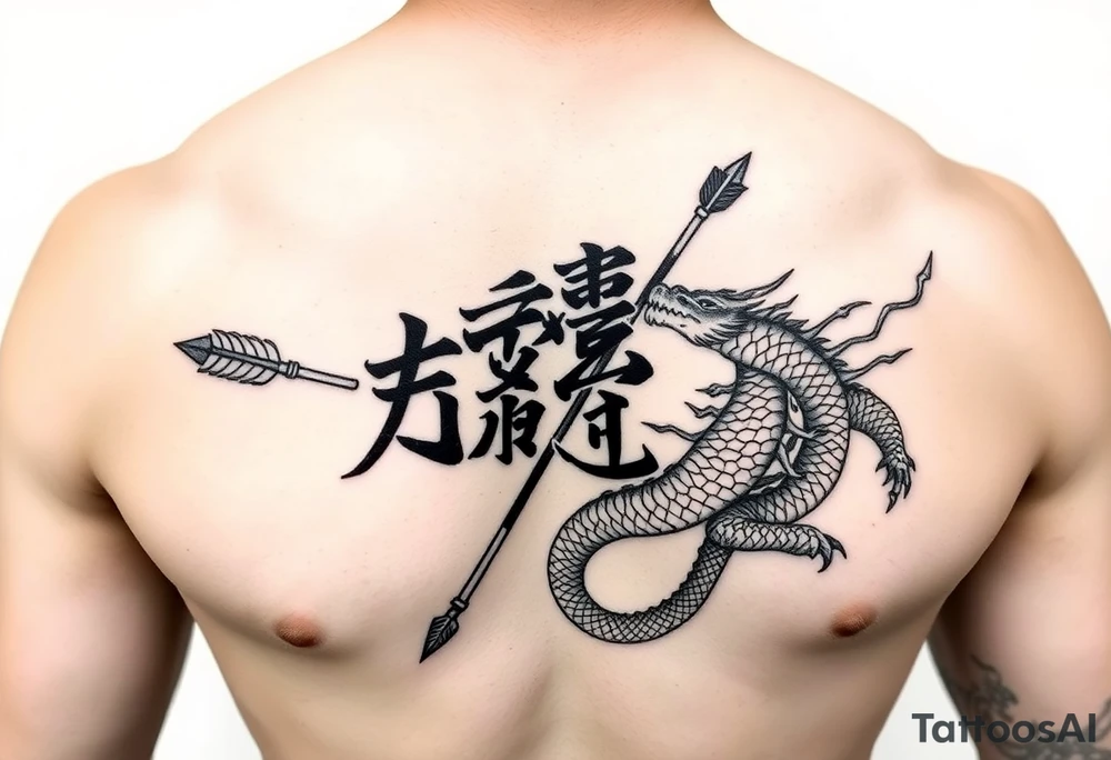 japanese writing with bow and arrow with dragon wrapped around on chest tattoo idea