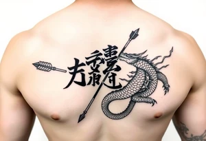 japanese writing with bow and arrow with dragon wrapped around on chest tattoo idea