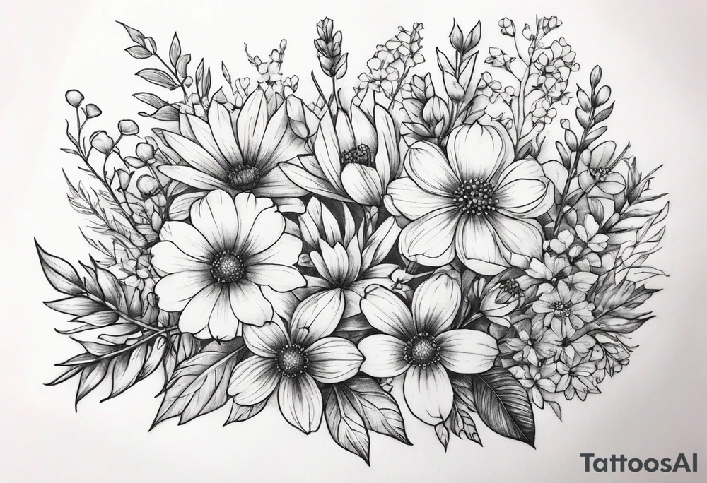 small long wildflower bouquet tattoo idea