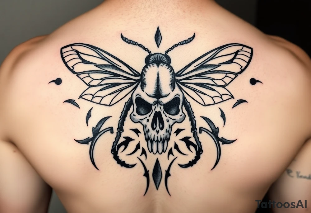 A tribal bee with a skull for lower abdomen on a man make it more detailed and gothic tattoo idea