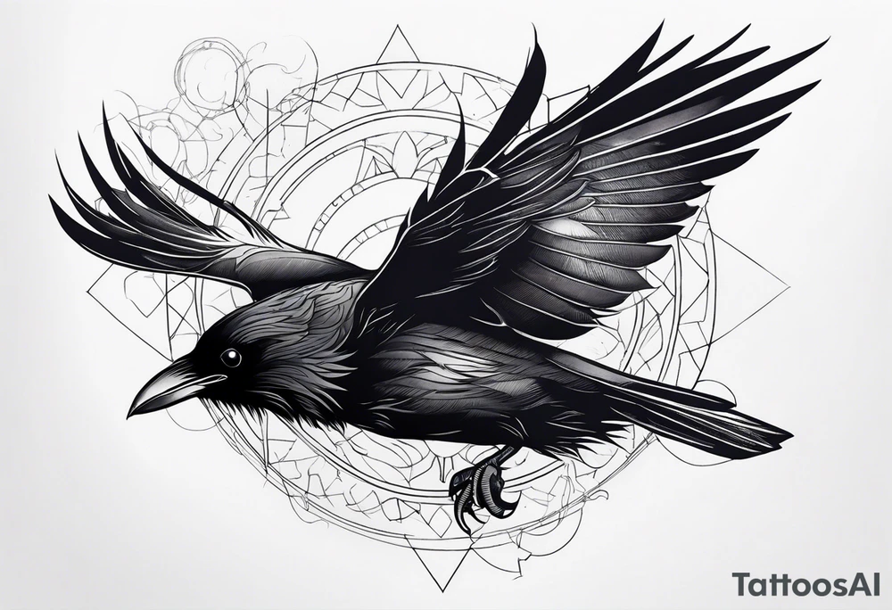 Raven in flight, upsidedown, knowing, light behind its eyes, ethereal tattoo idea