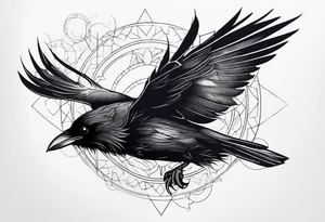 Raven in flight, upsidedown, knowing, light behind its eyes, ethereal tattoo idea