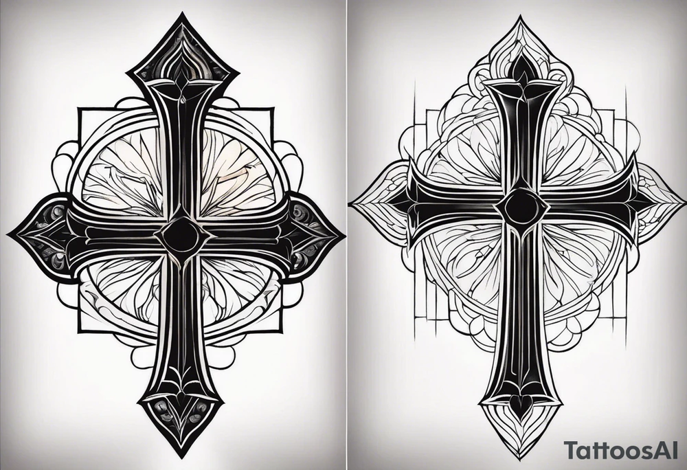 Tattoo: A refined cross with a soft halo on top of it, symbolizing light and spirituality. Delicate rays extend outward from the halo, adding a subtle glow and depth. The cross itself is simple and elegant, with potential for small, intricate line details within the design. tattoo idea