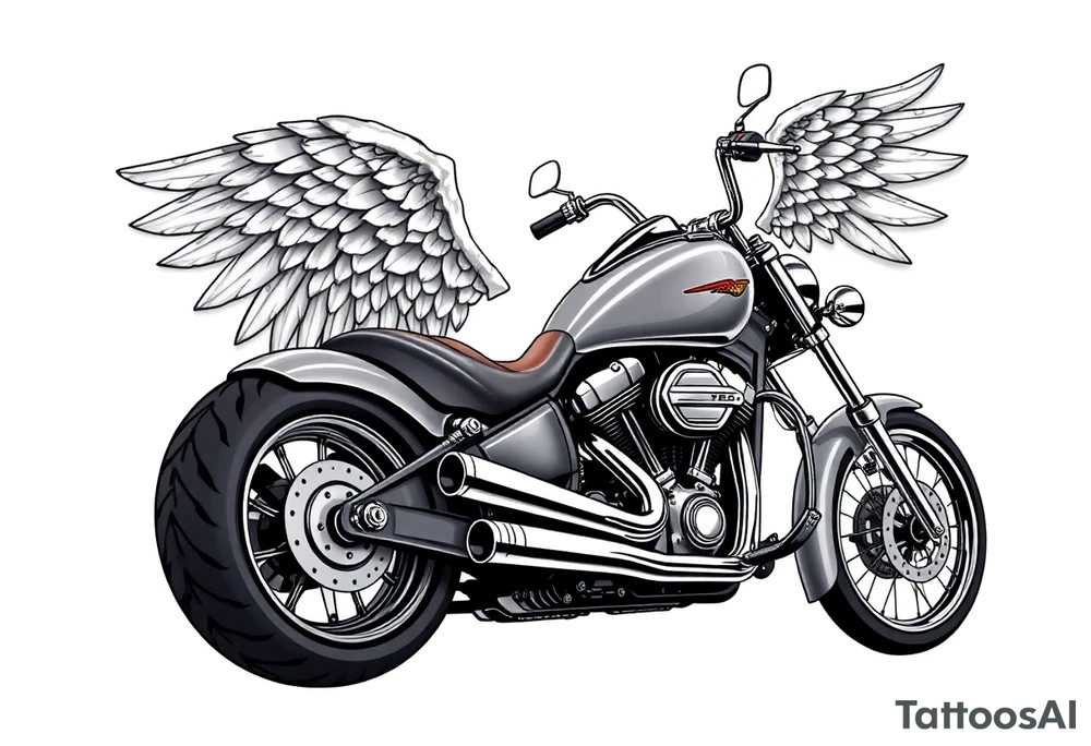 Low rider grey motorcycle, big muffler pipes with flames, angel wings, driving away, no person tattoo idea