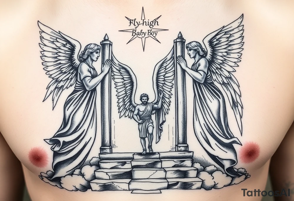 3 angels holding open the gates of heaven with the male figure walking up the steps.Saying fly high baby boy Realistic angels tattoo idea