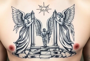 3 angels holding open the gates of heaven with the male figure walking up the steps.Saying fly high baby boy Realistic angels tattoo idea