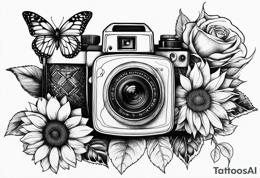 Flower : rose , sunflower, camera, butterfly tattoo idea