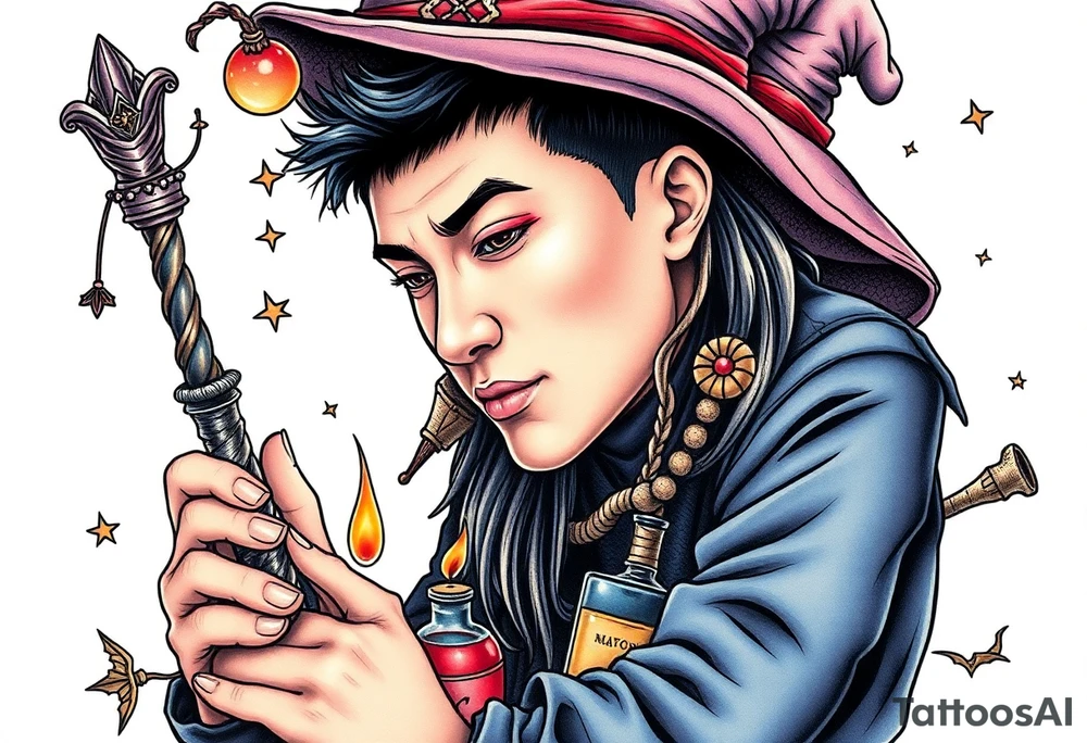 Handsome Asian young adult guy is  accidentally stumbled upon witch tools, supplies, artifacts, potions and exploring it curiously tattoo idea