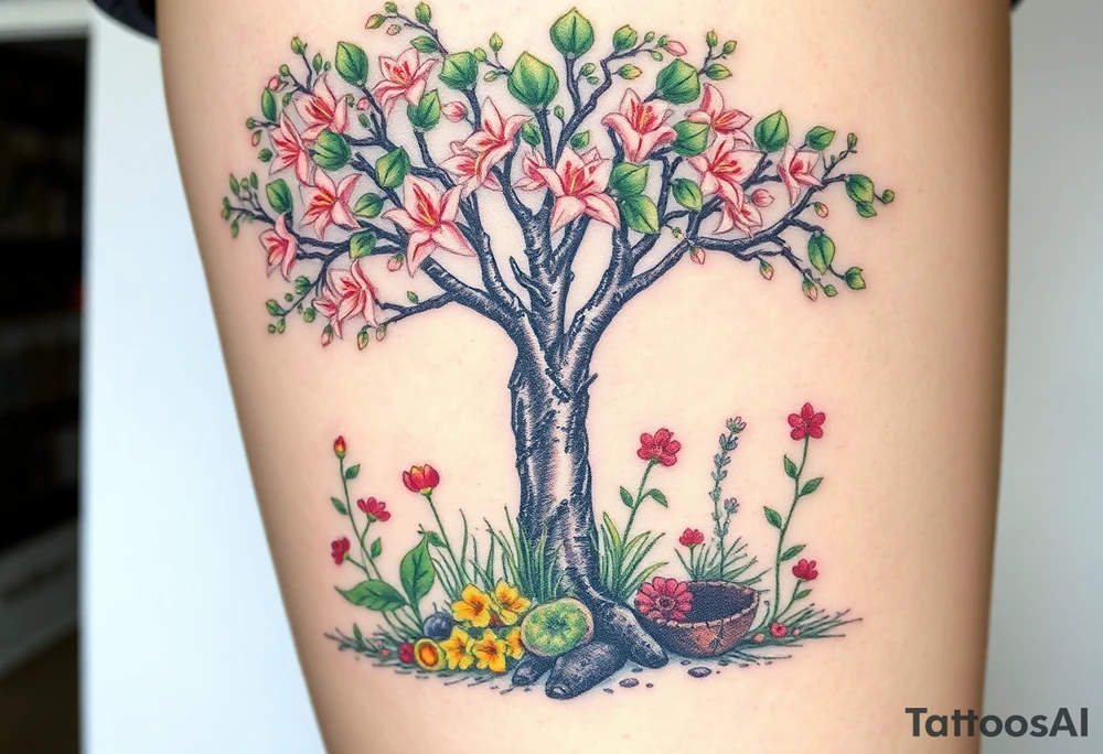 Lilly of the vally plants underneath a blooming hawthorn tree with other colorful plants on ground tattoo idea