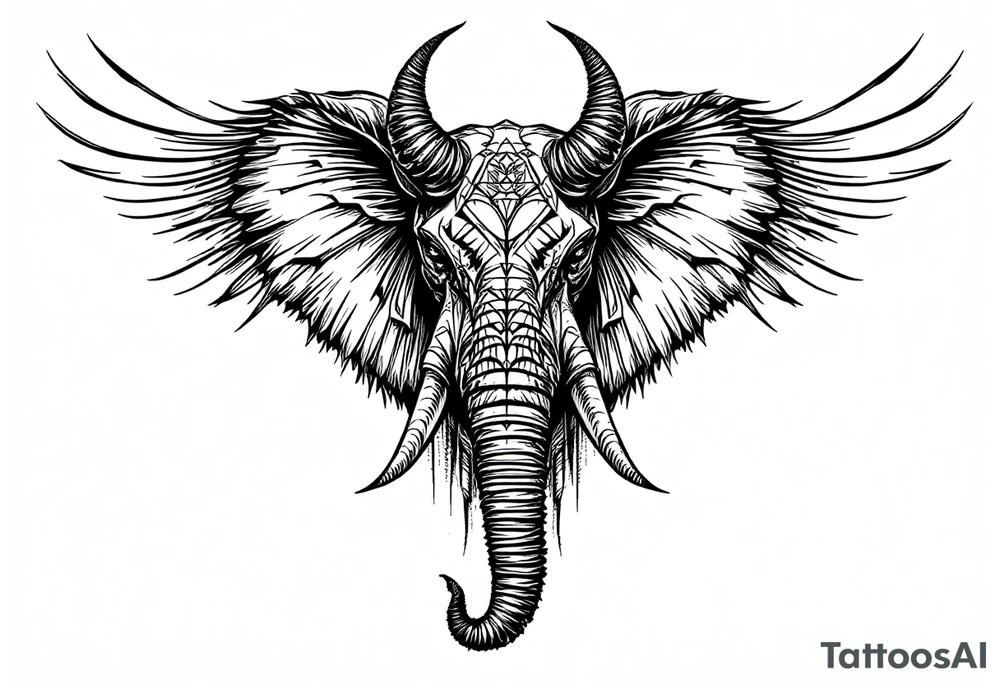 A hieroglyphic, depicting an ancient and gargantuan African elephant with horns protruding from its forehead and wings that resemble that that of a falcons tattoo idea