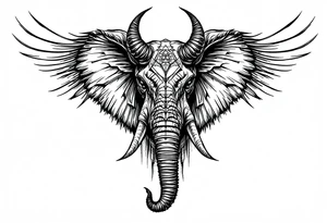 A hieroglyphic, depicting an ancient and gargantuan African elephant with horns protruding from its forehead and wings that resemble that that of a falcons tattoo idea