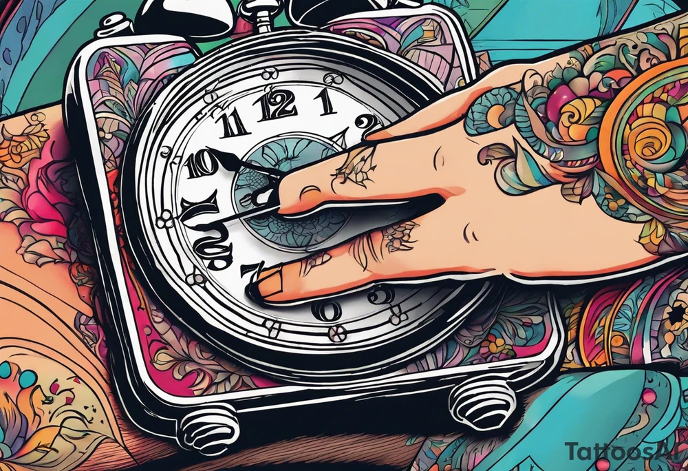 Close up of a hand about to turn off their digital alarm clock. The time on the clock says 5:3666. tattoo idea