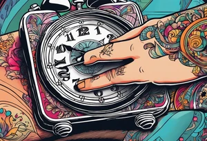 Close up of a hand about to turn off their digital alarm clock. The time on the clock says 5:3666. tattoo idea