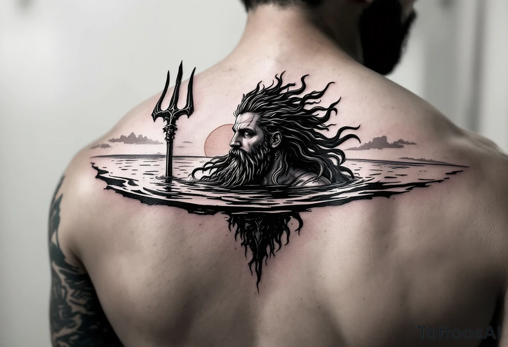 Poseidon half way under calm water with trident at sunset tattoo idea