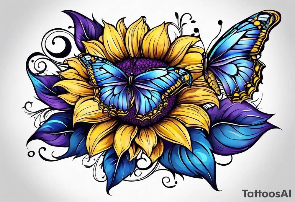 Purple, yellow and blue sunflowers with a butterfly leg sleeve tattoo idea