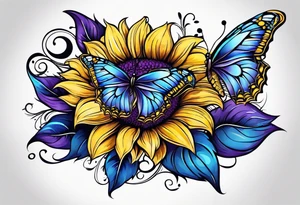 Purple, yellow and blue sunflowers with a butterfly leg sleeve tattoo idea