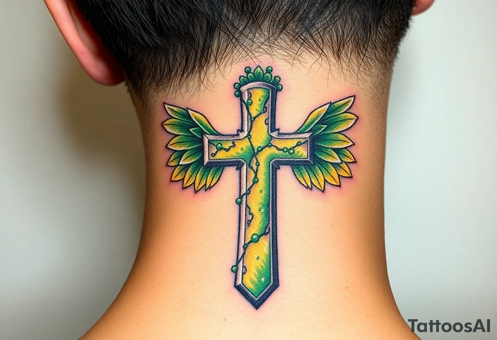 A moss-covered stone cross, with soft green and gold wings resembling leaves in autumn tattoo idea