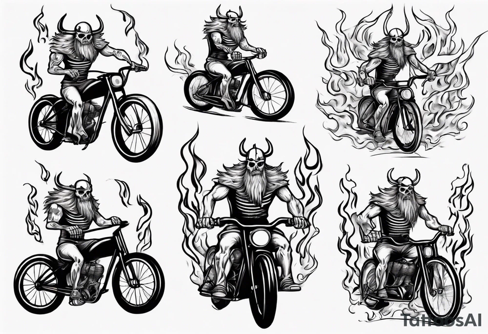 Skeleton riding a bike with flames and a big viking head in the background tattoo idea