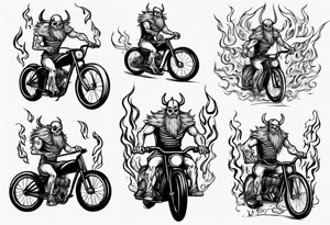 Skeleton riding a bike with flames and a big viking head in the background tattoo idea