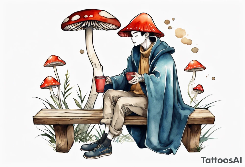 mushroom wearing a cloak sitting on a bench drinking from a wood cup tattoo idea