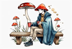 mushroom wearing a cloak sitting on a bench drinking from a wood cup tattoo idea