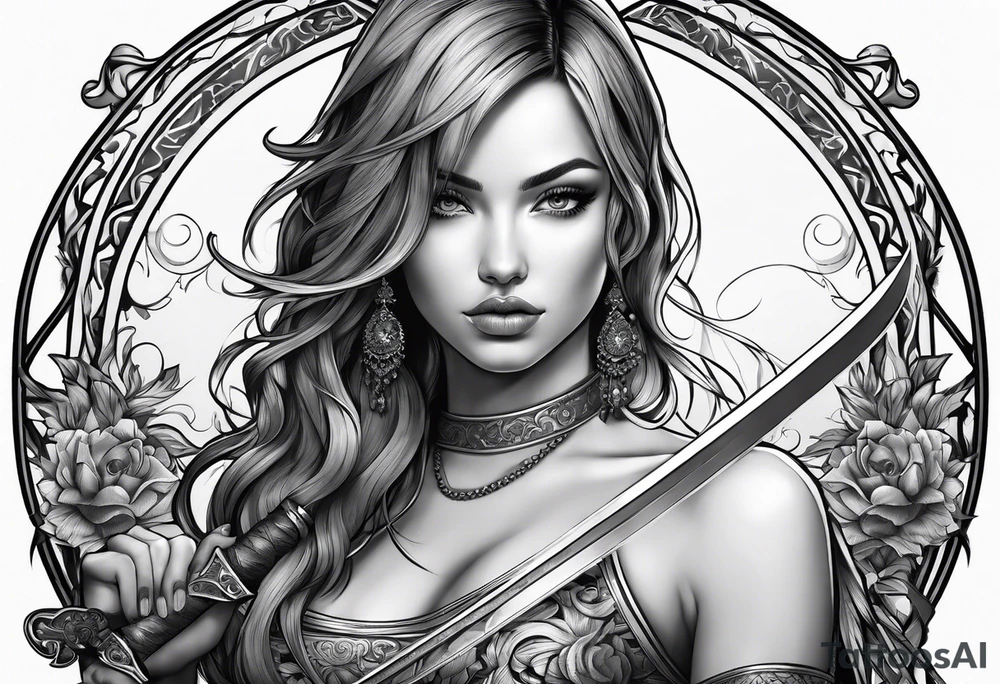 Woman holding a sword tattoo idea