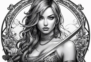 Woman holding a sword tattoo idea