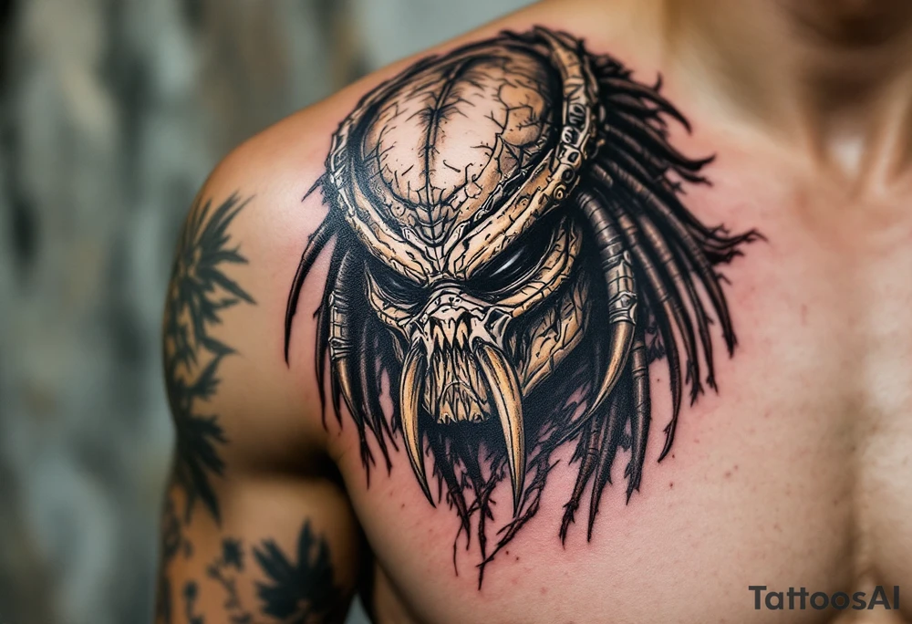 Tracker Predator – A bestial, primal version of the Predator from Predators (2010), featuring deep brown and gray reptilian skin, minimal armor, and three mechanical, tusk-like mandibles on its mask. Uses a hunting beast instead of technology. tattoo idea