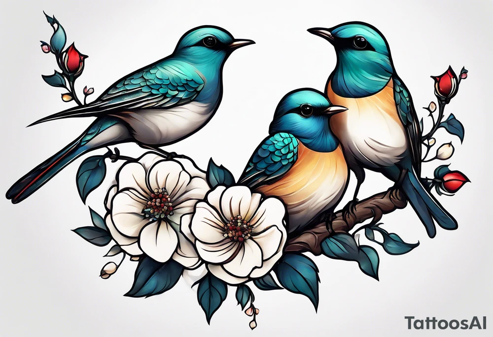 Two birds sitting on a stem of White roses with another bird flying in to land on stem tattoo idea