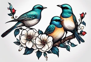 Two birds sitting on a stem of White roses with another bird flying in to land on stem tattoo idea