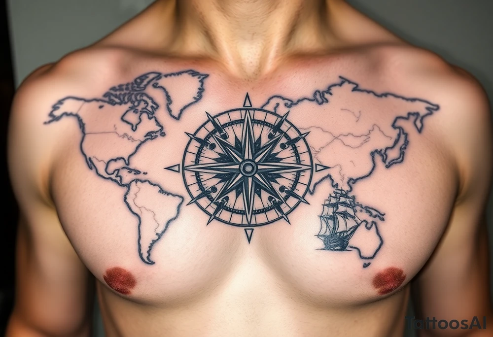 antique compass rose overlaid on weathered world map with sailing ships tattoo idea