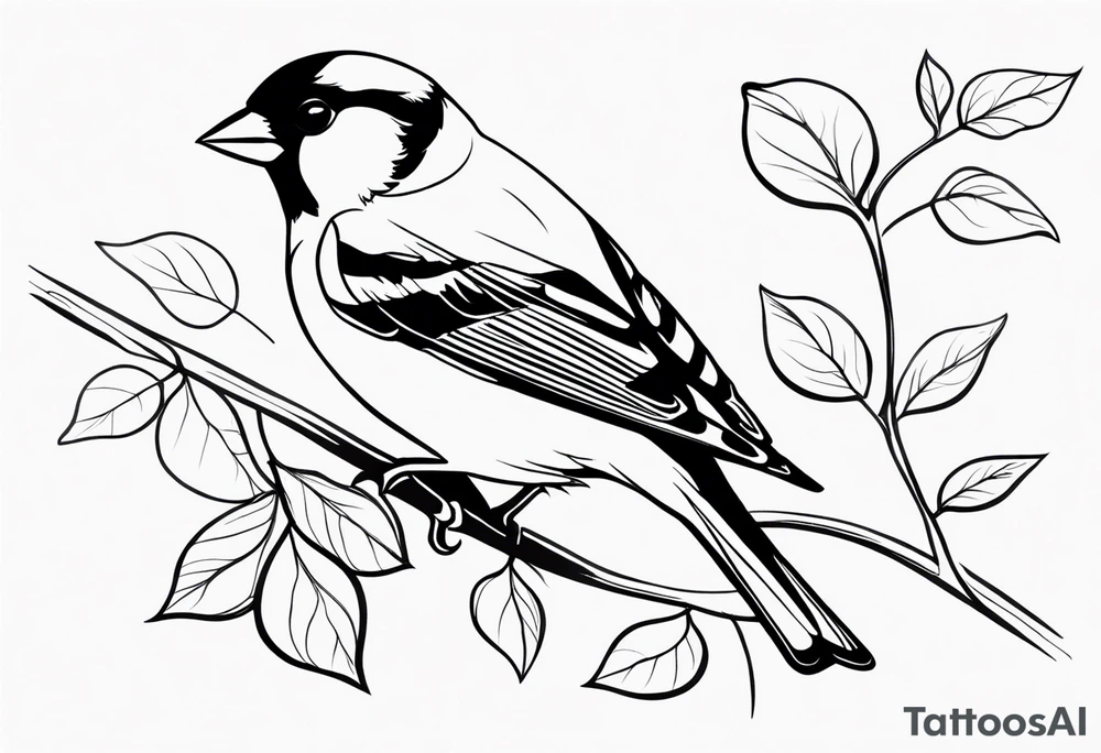 Generate a tattoo design of a goldfinch surrounded by delicate vines, emphasizing its bright colors and playful nature tattoo idea