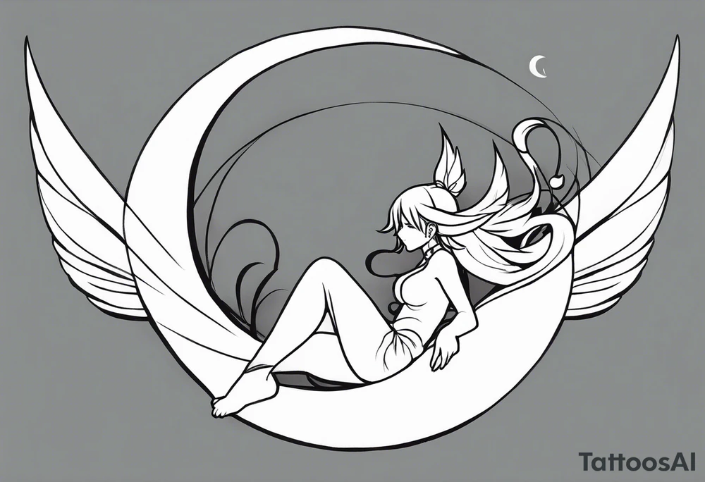 No color sketch of a fairy with a tail inspired by the guild symbol in the anime show called Fairy Tail in a fetal position leaning in and forward while crawled in hugging herself floating tattoo idea