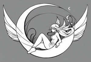 No color sketch of a fairy with a tail inspired by the guild symbol in the anime show called Fairy Tail in a fetal position leaning in and forward while crawled in hugging herself floating tattoo idea