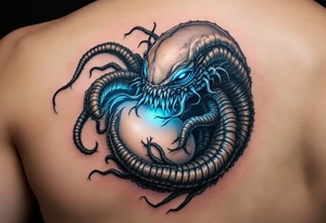 The facehugger curled around an egg, with slimy, translucent tendrils glowing faintly in bioluminescent blue, evoking the creature's parasitic nature. tattoo idea