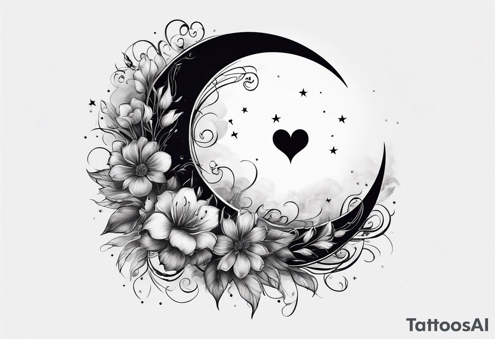 Crescent moon with a heart inside, shrouded by beautiful flowers with wisps of mist tattoo idea