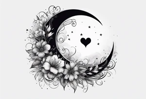 Crescent moon with a heart inside, shrouded by beautiful flowers with wisps of mist tattoo idea