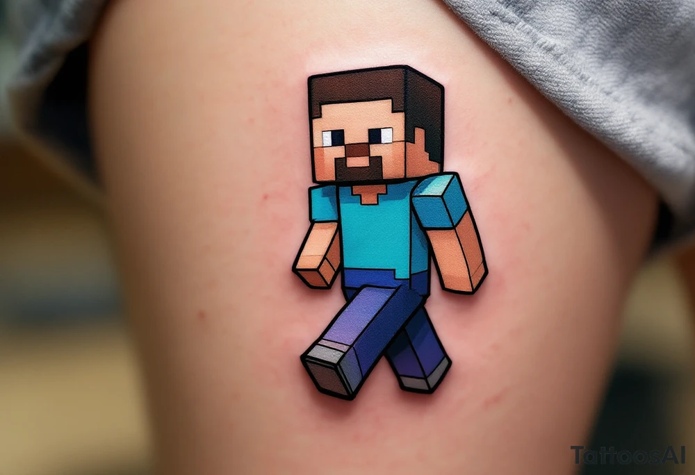 Small Minecraft Steve tattoo more vibrant colors more cartoonish walking straight legs very very small make it pop out more tattoo idea