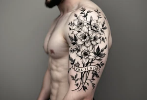 narcissus flowers, daffodils and holly. at the base and top of the sleeve are banners with roman numerals across tattoo idea