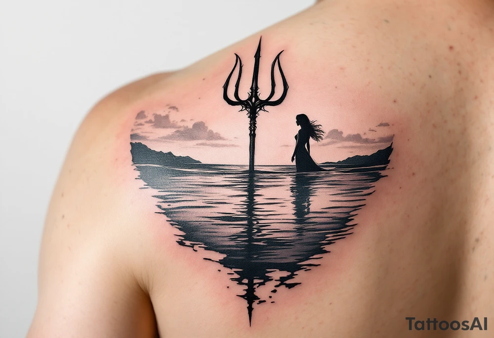 trident half way under calm water at sunset with woman tattoo idea
