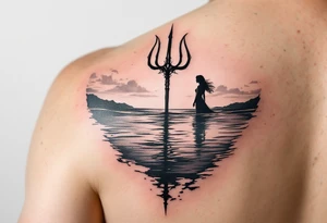 trident half way under calm water at sunset with woman tattoo idea