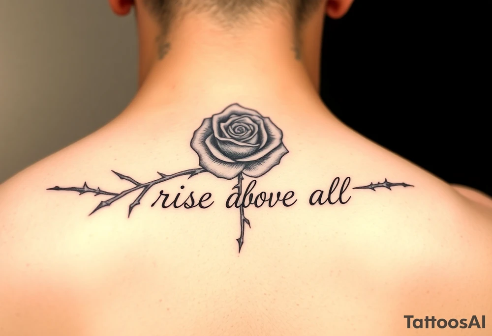 rose tattoo with thorns saying rise above all tattoo idea